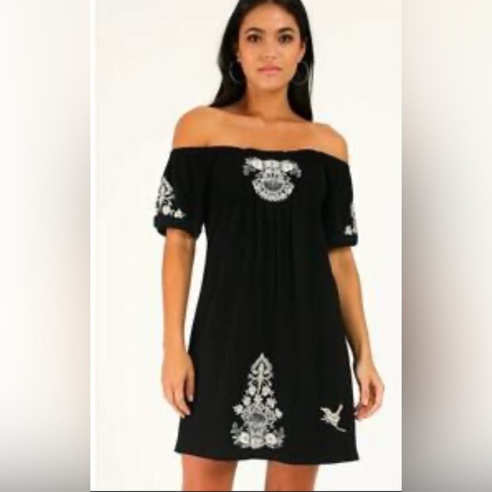 Johnny Was Black Off the Shoulder Dress with White Embroidery Tunic Size XS